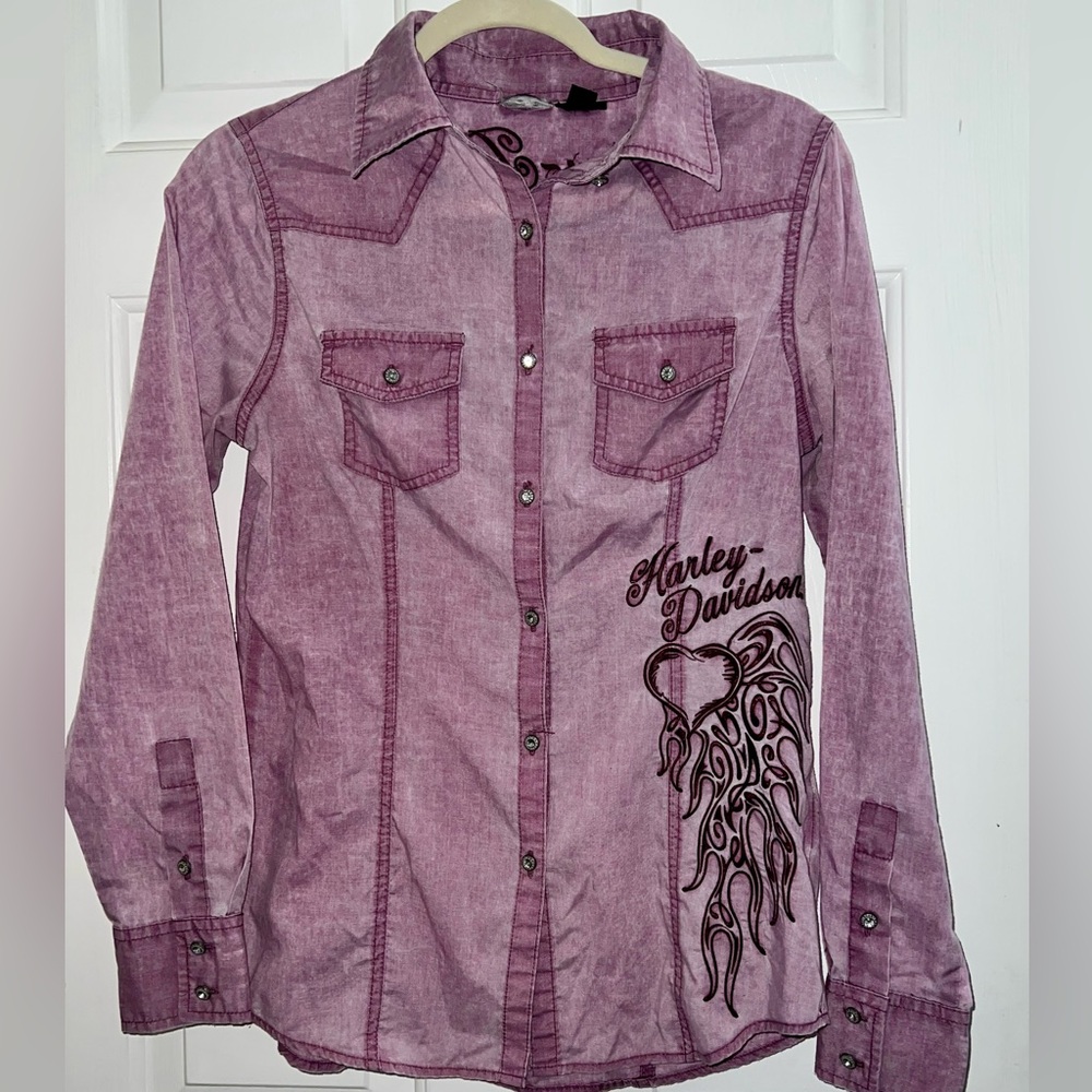 Harley Davidson Embroidered Rhinestone Button Top